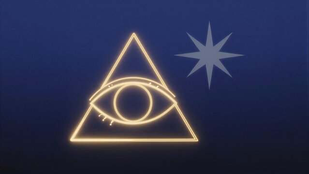 Glowing eye in triangle, star above, dark blue background.