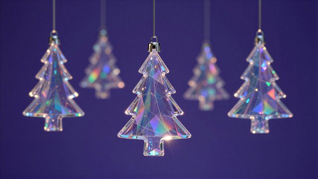 Crystal Christmas trees hang suspended, glowing with iridescent hues against a deep purple backdrop.