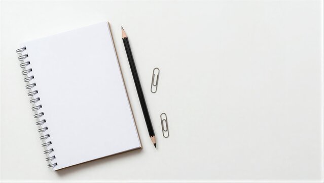 Blank notebook, pencil, and paper clips on clean white surface.