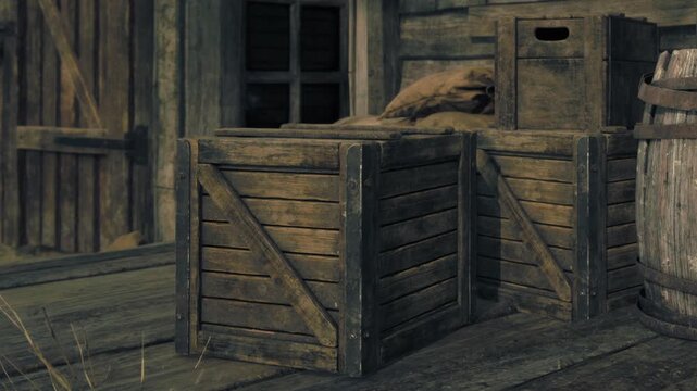 Wooden crates sit on a porch surrounded by an old wooden building. The crates are weathered and show signs of use. The scene is quiet and gives an impression of a past era.
