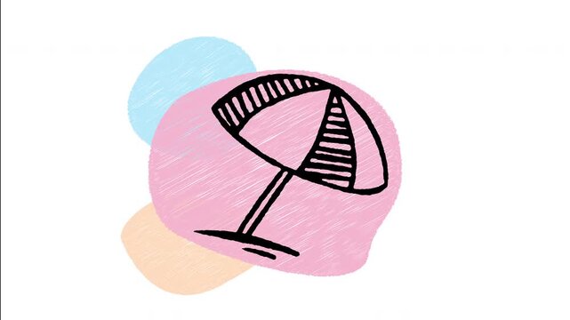 An animated hand-drawn large open beach parasol umbrella for sun protection. Ideal for summer heat, beach shade, seaside resorts, tropical vacations, and sunbathing spots. 