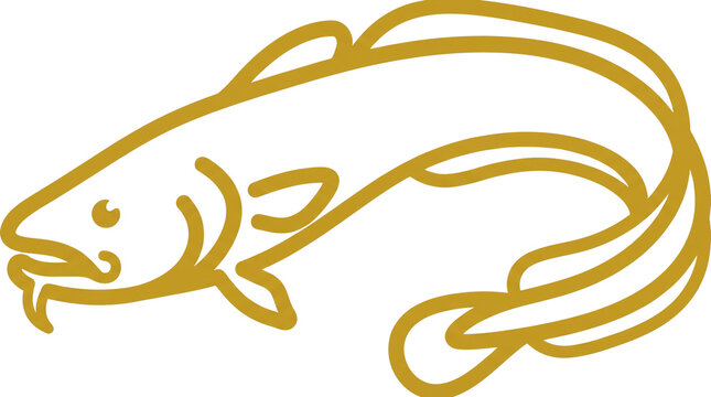 Minimalist catfish line art illustration, gold fish silhouette icon, elegant seafood restaurant logo design on white background
