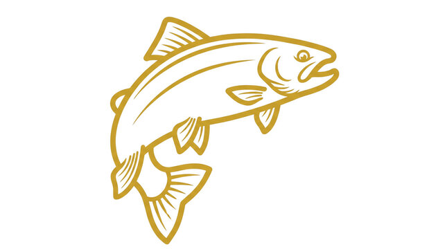 Vintage salmon fish illustration, gold trout line art on white background, retro fishing logo icon for seafood branding