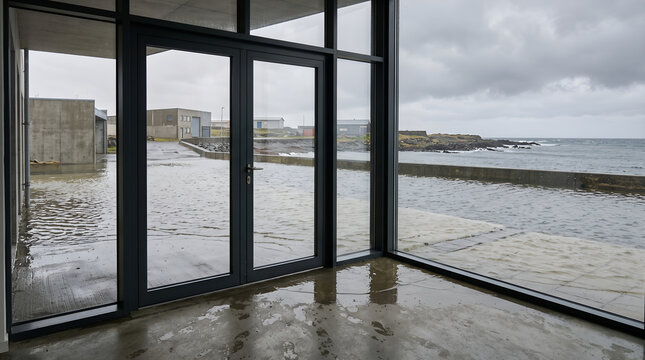 Coastal flooding reaching a building entrance illustrates sea level rise, water damage risk, and climate adaptation needs for property and corporate planning.