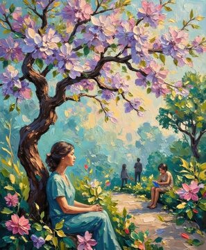 Serene woman sitting under blooming cherry blossom tree in tranquil garden scene