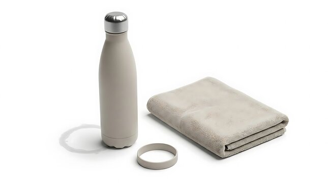 Minimalist gym locker hydration kit featuring a neutral colored reusable metal water bottle, a folded microfiber towel and a silicone band on white background