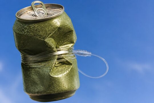 Dented aluminum can with wire and tube on blue sky background
