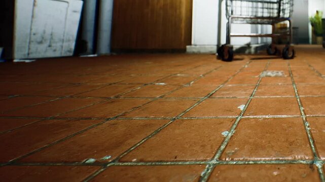 The scene shows a tiled floor in a room. There is a shopping cart in the background and an empty cup on the floor. The image is taken at night, revealing a dimly lit atmosphere.