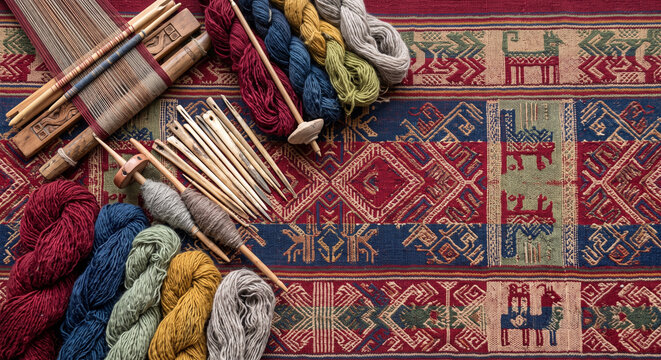 Top down flat lay of Peruvian backstrap loom weaving tools on alpaca textile