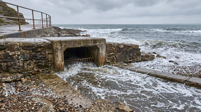 Coastal flooding entering a drainage channel illustrates tidal backflow, urban flood risk, water management, and climate resilient infrastructure planning.