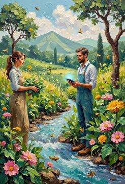 Young man and woman in garden with colorful flowers, stream, trees, and mountain background during daytime