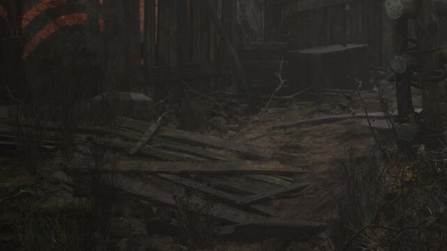 The scene shows a path covered with dirt and debris. Broken wooden boards lay scattered around. The area is dimly lit, suggesting it is either early morning or late afternoon.