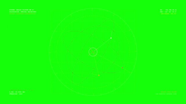 Retro sci fi radar display plotting orbital trajectories on green monitor