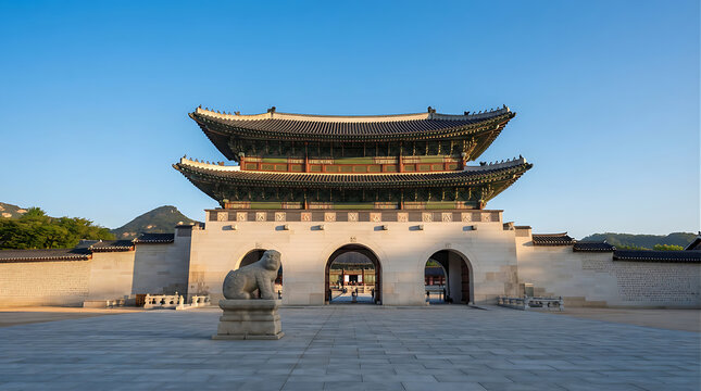 조선 궁궐 건축 경복궁 광화문과 해치 석상 풍경 배경