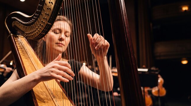 Melody Weaver: A woman elegantly plays the harp, her fingers dancing across the strings, lost in the soulful music within a dimly lit concert hall.