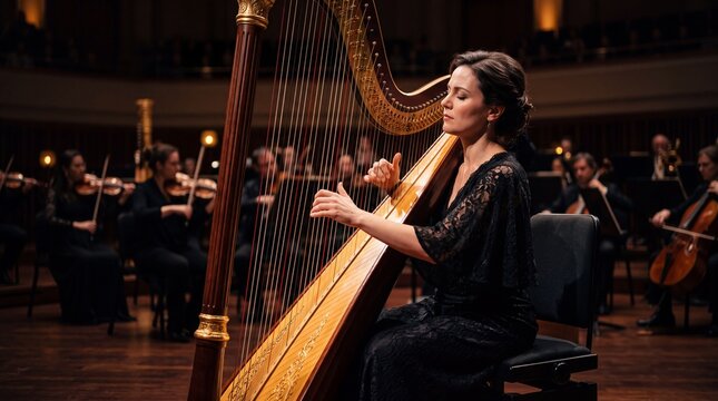 Harpist in Concert Hall: A captivating harpist, adorned in a black lace dress, plays her instrument with focused grace amidst the grandeur of a concert hall, accompanied by an orchestra.