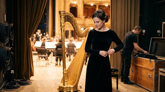 Backstage Elegance: A poised musician in a black gown stands beside a golden harp on a theater stage, preparing for a performance while an orchestra tunes up in the background.