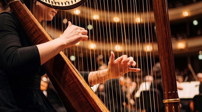 Harpist's Serenade: A skilled musician's hands dance across the strings of a grand harp, producing enchanting melodies in a concert hall filled with ambient light.