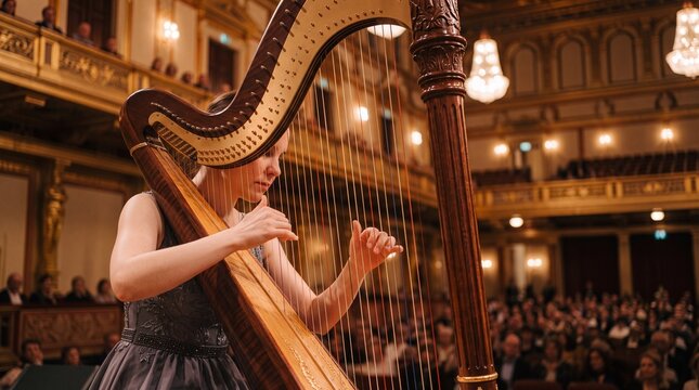 Harpist's Melodious Performance: A talented harpist gracefully plays her instrument on a grand stage, captivating the audience in a beautifully ornate concert hall.
