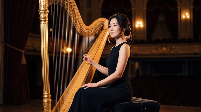 Elegant Harpist in Concert Hall: A poised musician elegantly plays a golden harp in a grand concert hall.