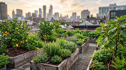 Fototapeta premium Urban rooftop garden with vegetable beds and fruit trees overlooking a city skyline