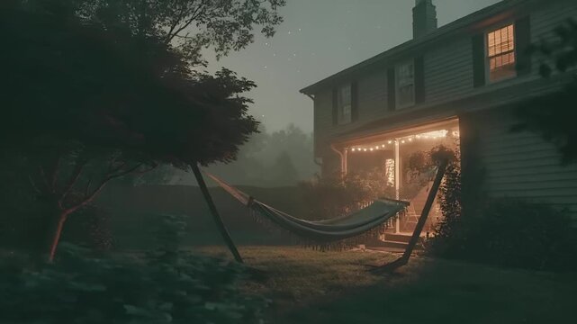 Summer hot vibe lifestyle. A moody, atmospheric portrayal of a serene night scene. The main subject is a twostory house with a porch illuminated by string lights.