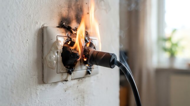 Electrical socket on fire, a dangerous situation with flames and smoke emanating from the wall outlet