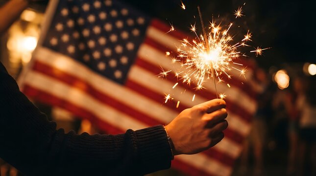 American Flag and Sparkler, Patriotic celebration in the evening, United States nation symbol, Festival crowd with fireworks, Independence Day concept, Red white and blue