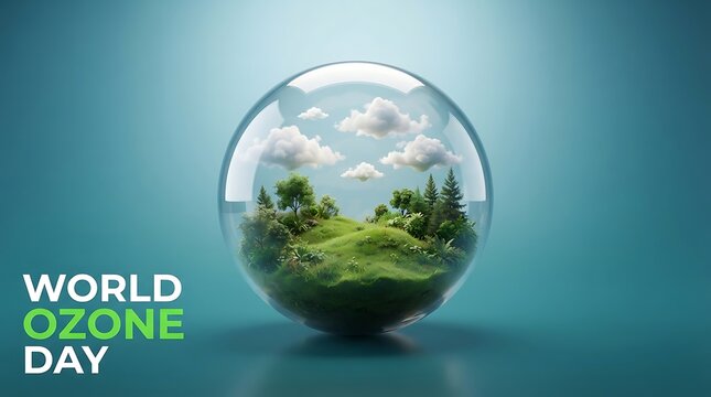 World Ozone Day Typography With Glass Sphere, Environmental Nature Concept, Isolated Green Landscape In Transparent Globe, Earth Protection Symbol