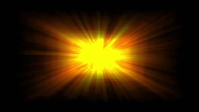A bright yellow and orange starburst or explosion of light emanates from the center against a dark, smoky black background, with sharp rays of light radiating outwards