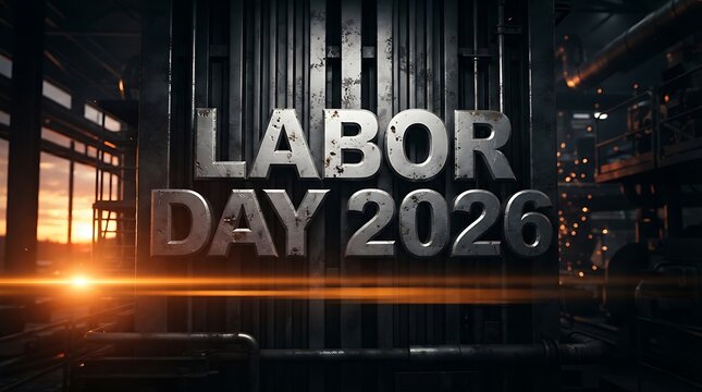 Labor Day 2026 text concept, steel industry typography, factory background, sunset light, metal texture, industrial design, 3D rendering, holiday banner