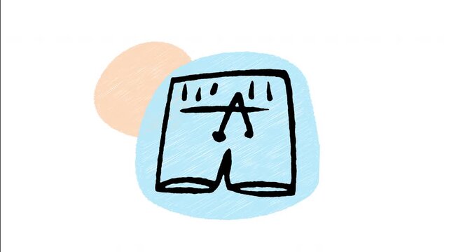 An animated hand-drawn men swimming trunks with an elastic waist and drawstring cord. Ideal for beachwear fashion, swimwear apparel, pool trunks, summer water sports, and active wear. 