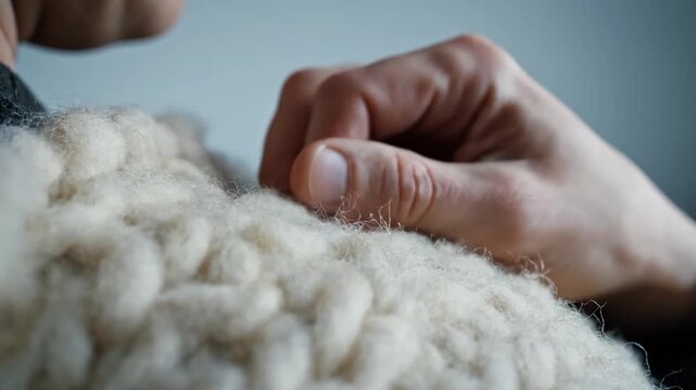Close up of hand touching soft texture of knitted wool sweater