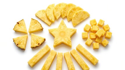 Naklejka premium Top view of fresh pineapple pieces cut into various shapes including star wedges cubes and sticks isolated