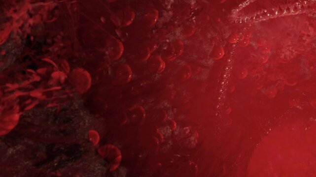 This shows the movement of red blood cells in a blood vessel. The scene captures the dynamic flow and structure inside the human circulatory system.