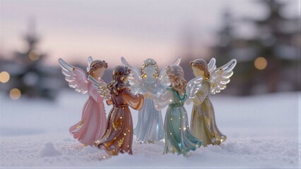 Fototapeta premium Five angel figurines dance in snow, glowing softly under twilight lights.