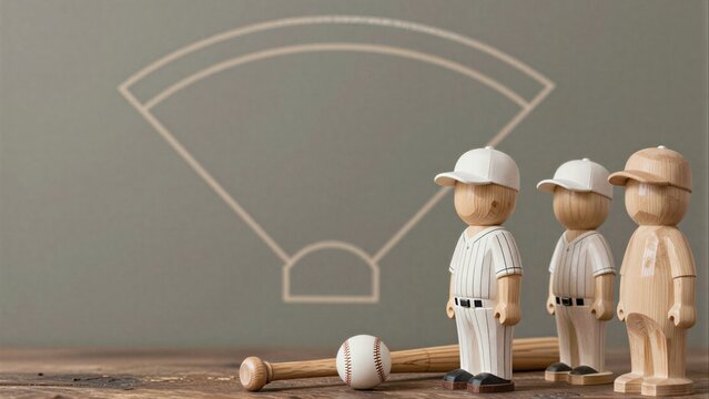Wooden baseball players stand ready, with bat and ball on rustic table.