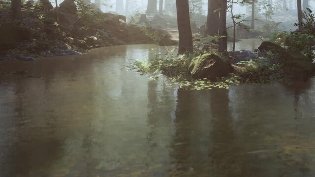In a forest, water reflects trees and rocks. Fog covers the area creating a quiet mood. Early morning light filters through, casting soft shadows on the ground.