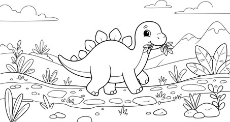 Cute cartoon stegosaurus dinosaur walking in a prehistoric landscape for children coloring book page line art illustration © Jannatul