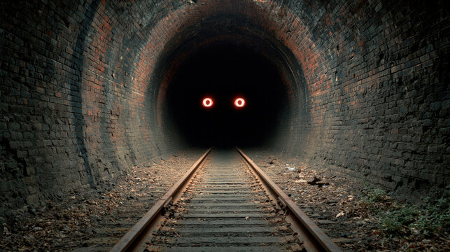 Mysterious dark tunnel with glowing eyes and railway tracks leading into darkness