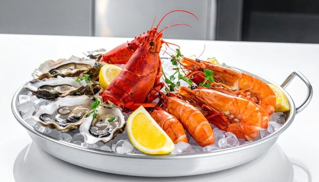 Fresh seafood platter with lobster oysters and cooked shrimp.