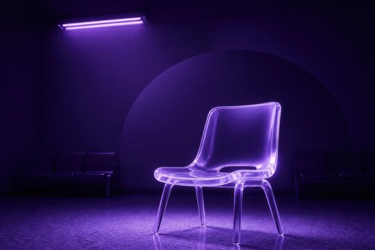 Lucite Chair Glowing in a Neon Purple Empty Room