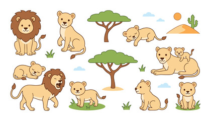 Obraz premium Cute African Lion Family Vector Set Featuring Cartoon Lions Lionesses Cubs Acacia Trees Desert Dunes and Savanna Wildlife Elements for Children Design