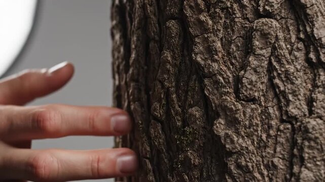 Human hand touching rough tree bark texture in close up detail