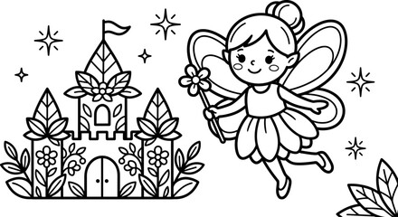 Naklejka premium Cute little fairy flying near a magical floral castle for children coloring book page black and white illustration