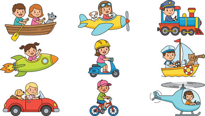 Fototapeta premium Cute Kids Driving Different Vehicles Icon Set Featuring Children in Airplane, Rocket, Train, Boat, Car, Bicycle, and Helicopter Vector Graphic Designs