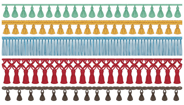 Decorative brush fringe trim and tassel borders set for interior design home decor textile curtains and fashion embellishment vector illustration.