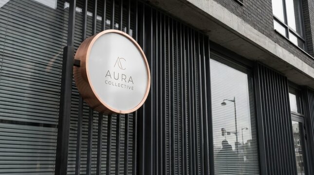 Modern Building Facade with Round Metal Sign Reading Aura Collective Glass Windows Looming Over Urban Architecture Composition