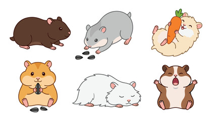 Fototapeta premium Cute Hamster Character Vector Set Featuring Adorable Fluffy Rodents Eating Sunflower Seeds and Carrots Sleeping and Posing for Pet Care Designs