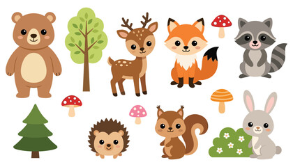 Fototapeta premium Cute Forest Woodland Animals Vector Set with Cartoon Bear Deer Fox Raccoon Hedgehog Squirrel Rabbit Trees and Mushroom Clipart Elements